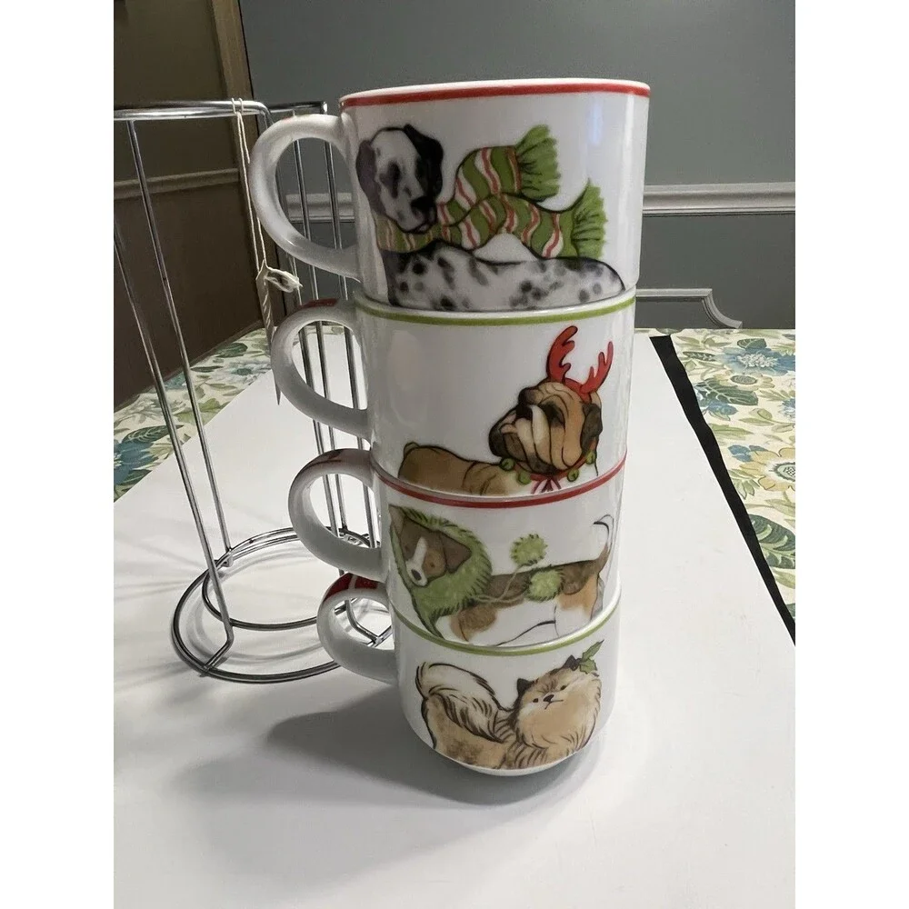 Pier 1 One Christmas Pup Dogs Stacking Mugs Stand Stoneware Holiday Cups
